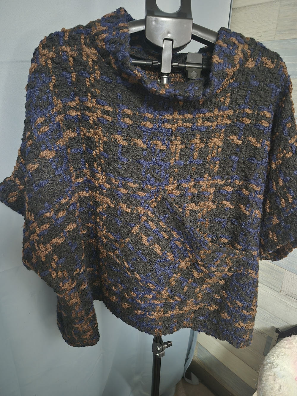 Coco Carmen Plaid Knit Cowl Neck Poncho Sweater Kangaroo Pocket Blue OSFM